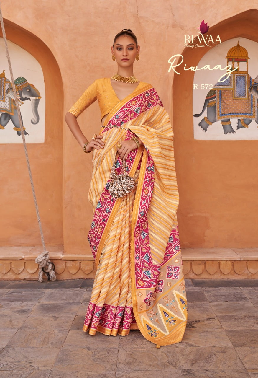 Patola Printed Designer Saree Tissue Silk Fabric - Image 6