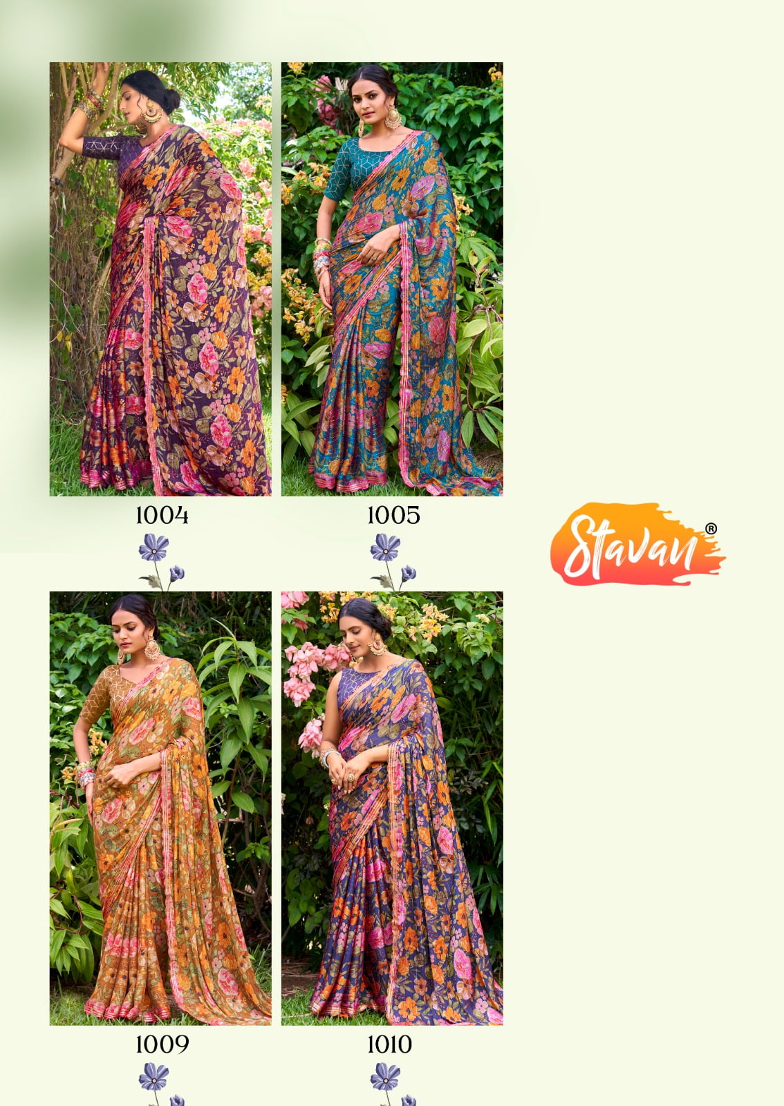 Velvet Chiffon Floral Printed Designer Saree - Image 5