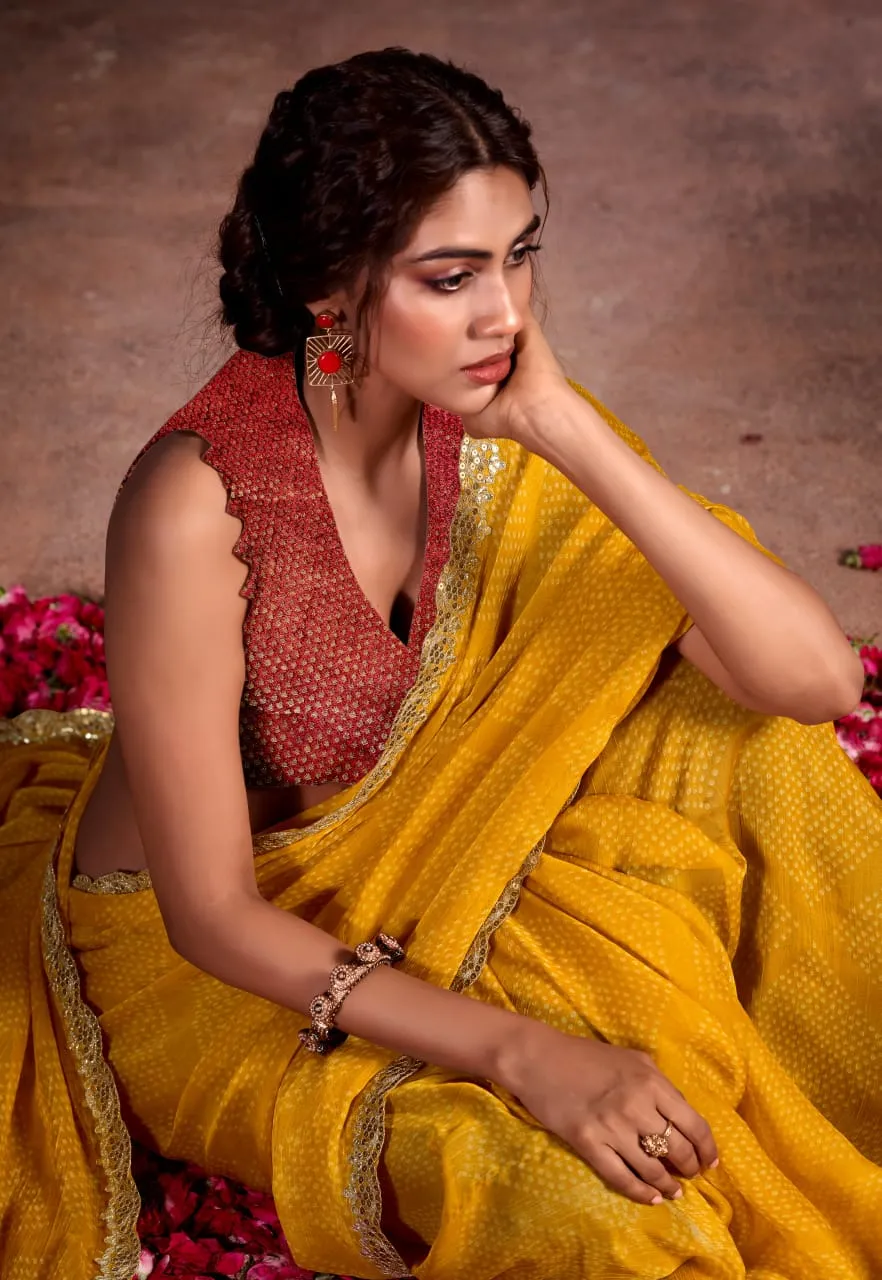 Bandhni Print Designer Cut Work Pure Chiffon Saree