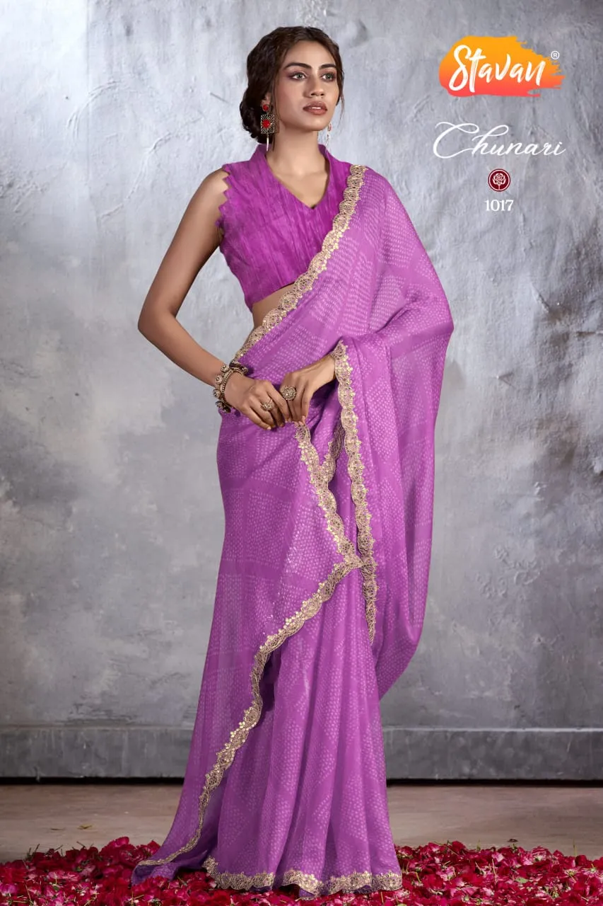 Bandhni Print Designer Cut Work Pure Chiffon Saree - Image 10