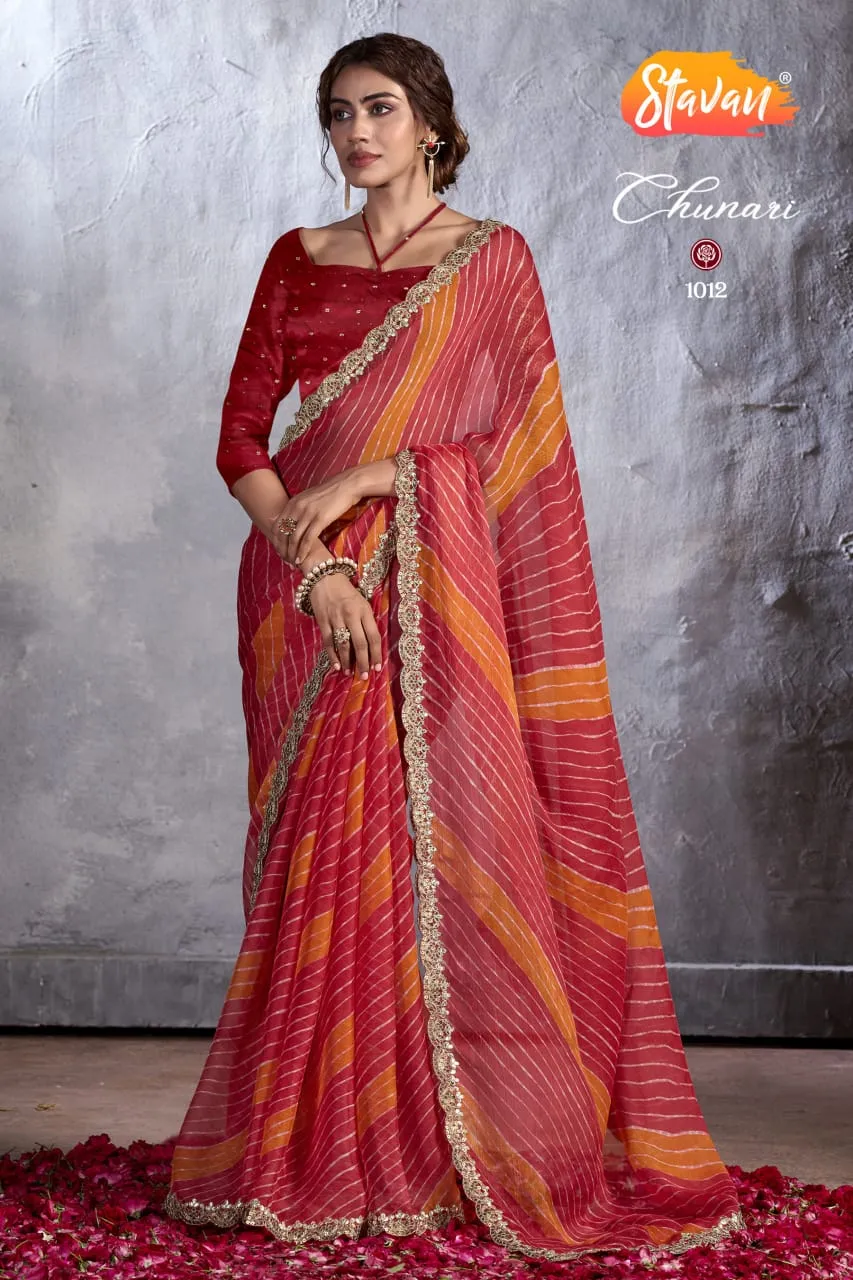 Bandhni Print Designer Cut Work Pure Chiffon Saree - Image 2
