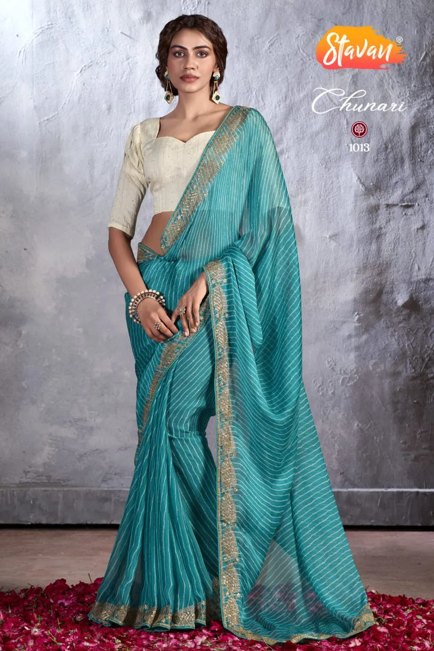 Bandhni Print Designer Cut Work Pure Chiffon Saree - Image 3