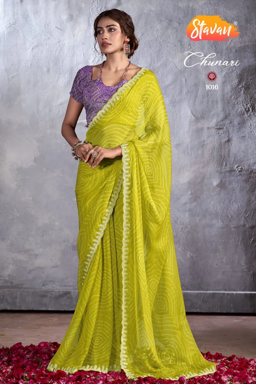 Bandhni Print Designer Cut Work Pure Chiffon Saree - Image 4