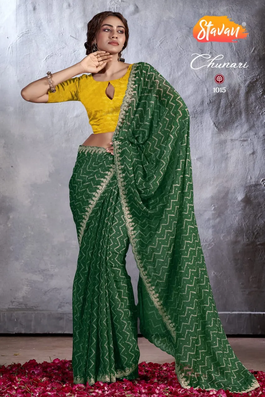 Bandhni Print Designer Cut Work Pure Chiffon Saree - Image 5