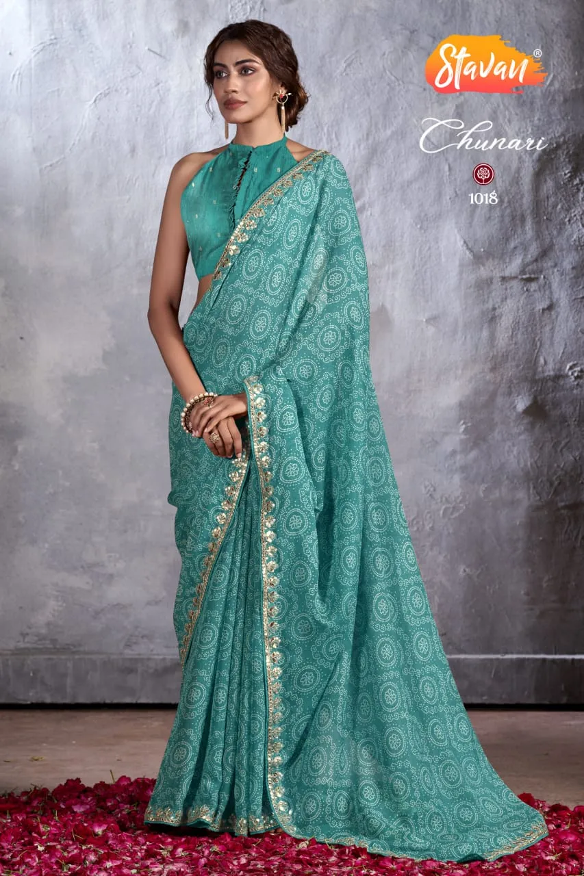 Bandhni Print Designer Cut Work Pure Chiffon Saree - Image 6