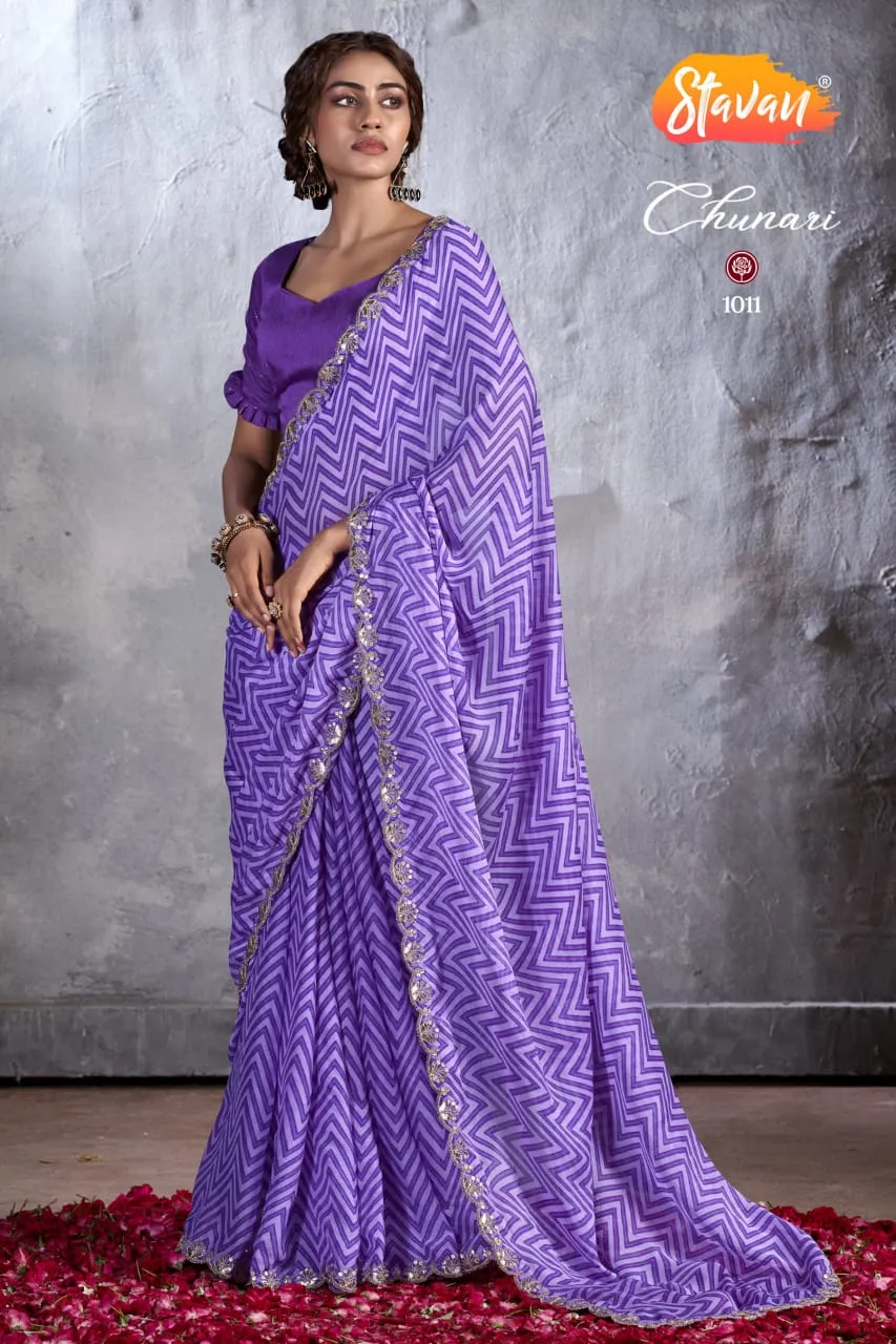 Bandhni Print Designer Cut Work Pure Chiffon Saree - Image 9