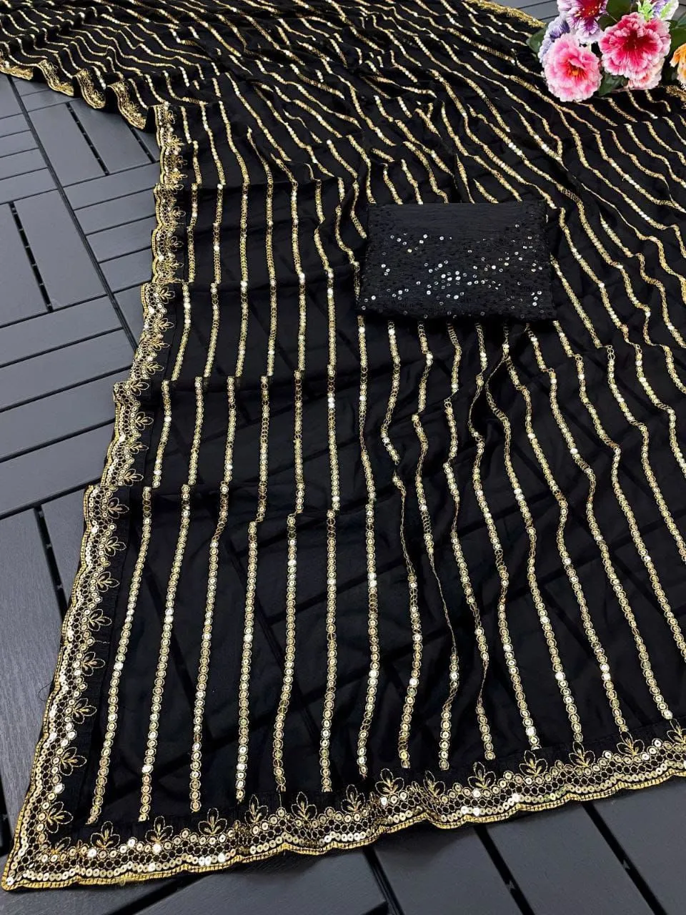 Black With Golden Work Georgette Saree - Image 2
