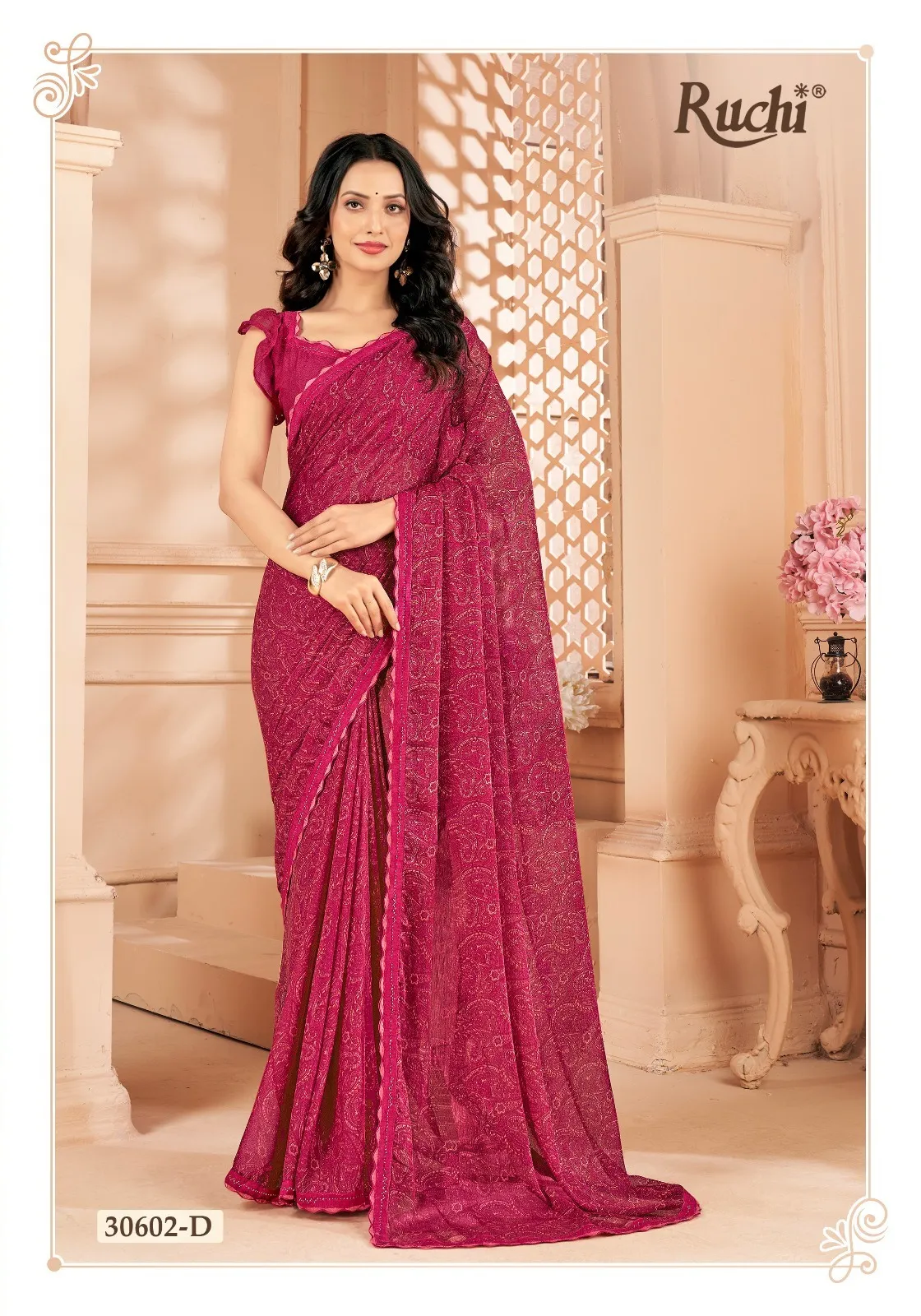 Chiffon Border Saree With Swarovski Border Work Ruchi Vanilla VOL-04 - Image 11