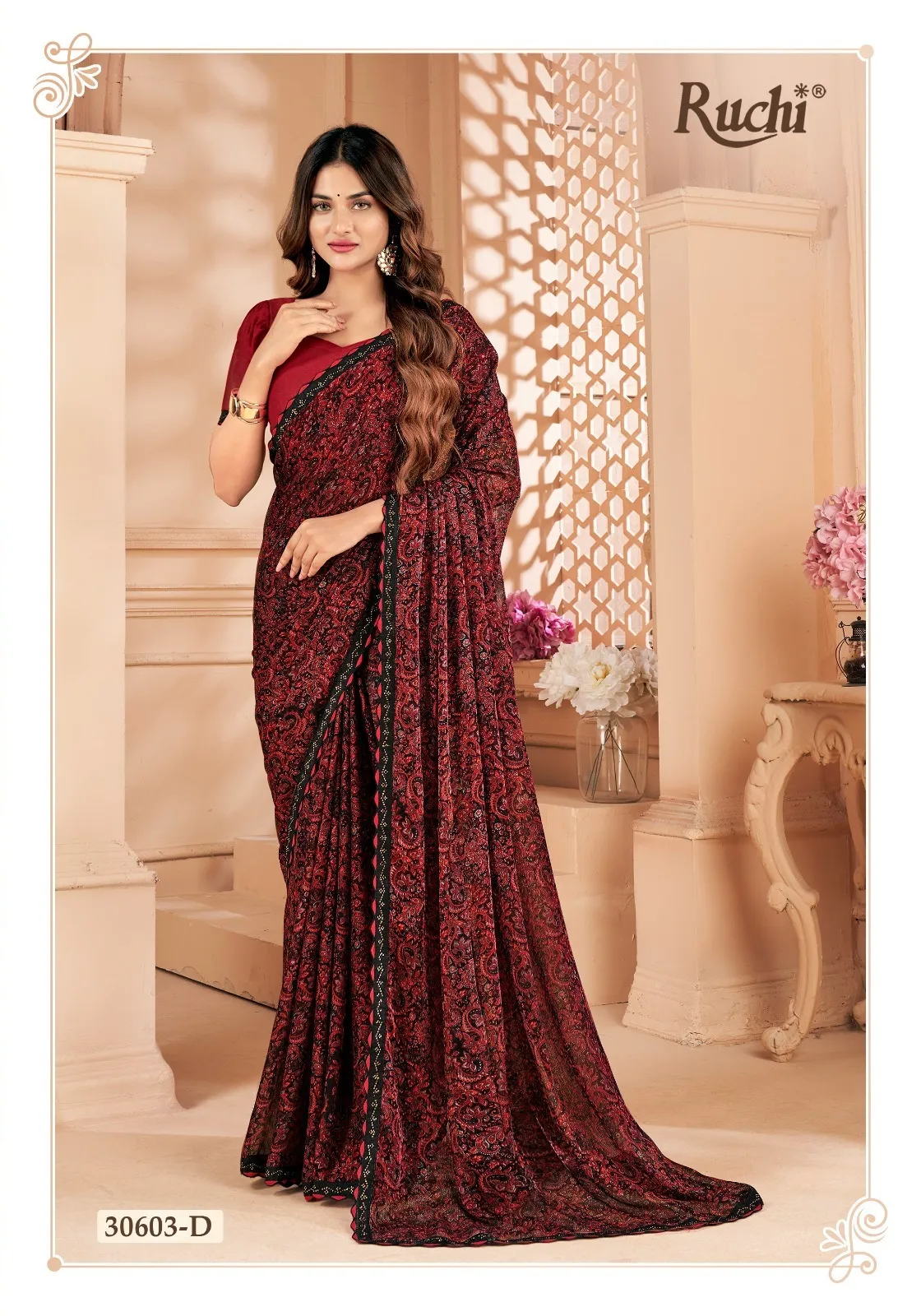 Chiffon Border Saree With Swarovski Border Work Ruchi Vanilla VOL-04 - Image 3