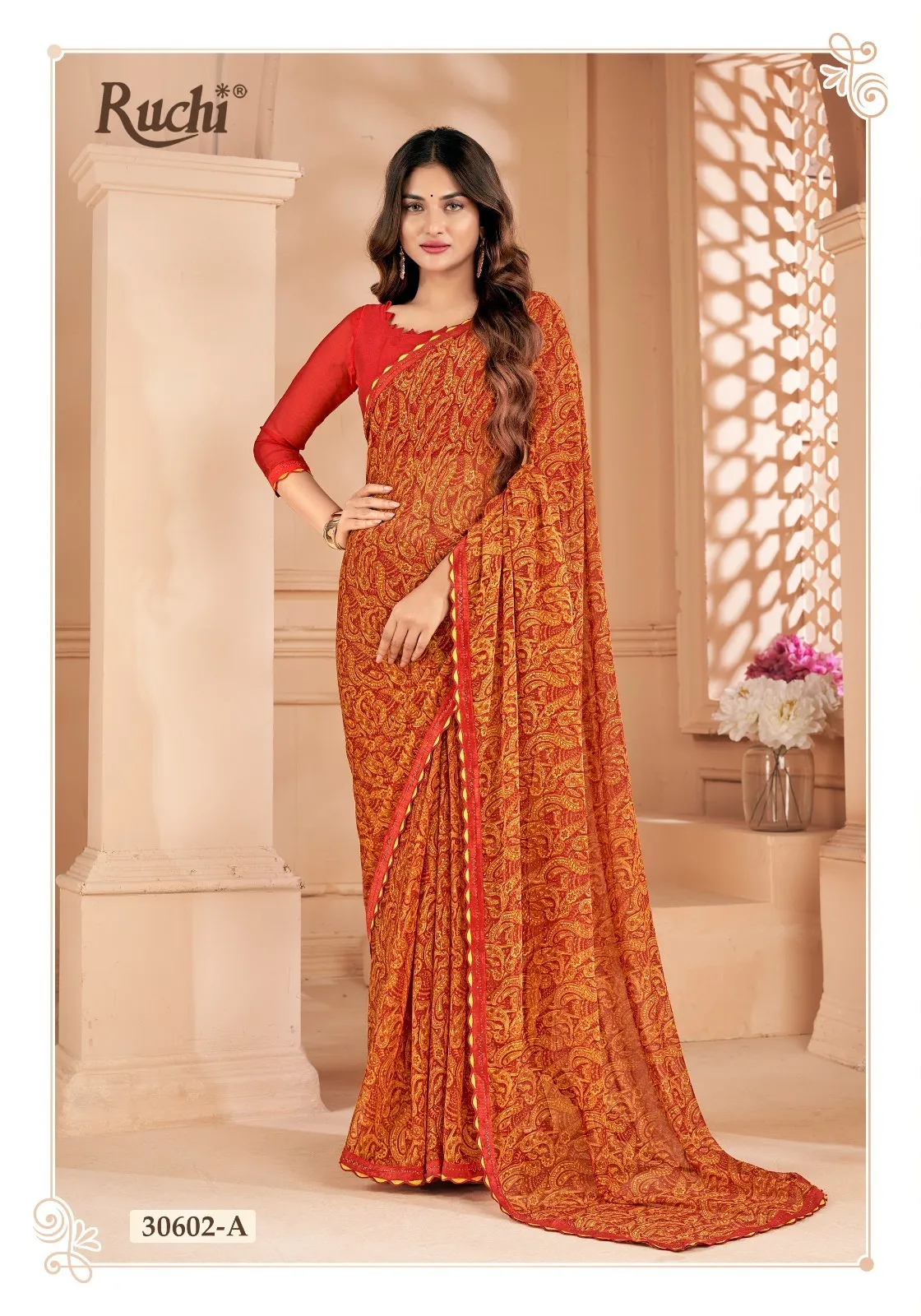 Chiffon Border Saree With Swarovski Border Work Ruchi Vanilla VOL-04 - Image 5