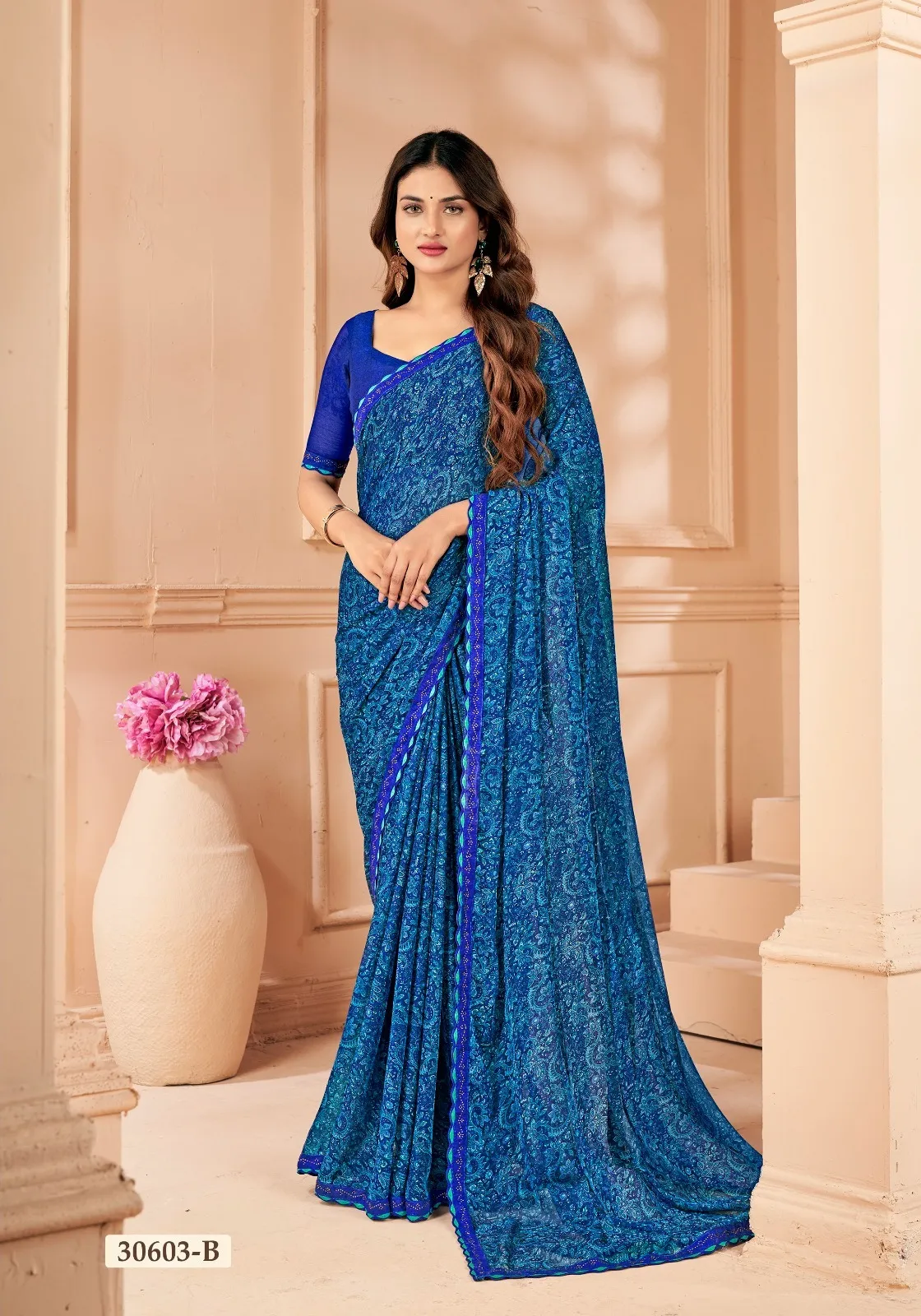 Chiffon Border Saree With Swarovski Border Work Ruchi Vanilla VOL-04 - Image 7