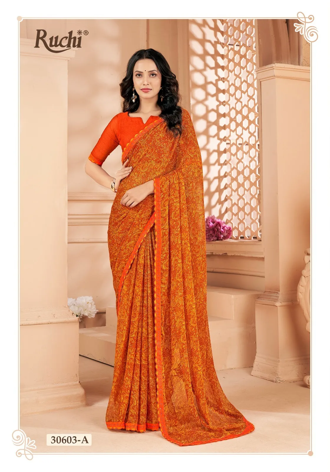 Chiffon Border Saree With Swarovski Border Work Ruchi Vanilla VOL-04 - Image 9