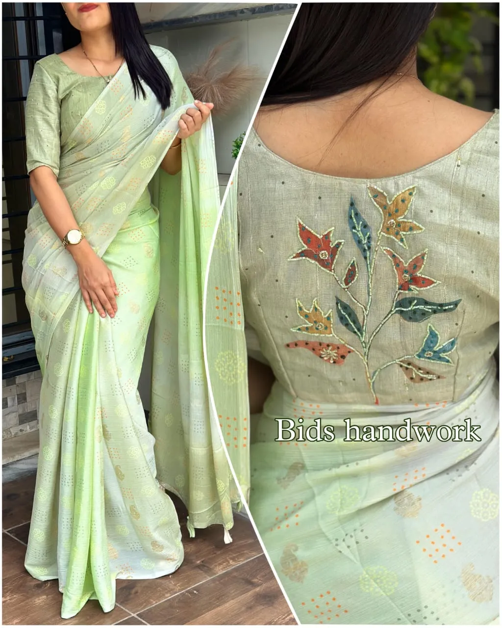 Chinon Silk Saree With Beads Work Blouse And Tassels