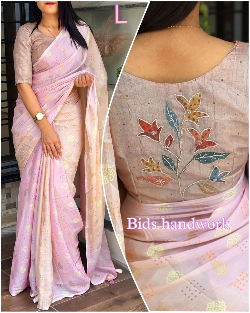 Chinon Silk Saree With Beads Work Blouse And Tassels - Image 2