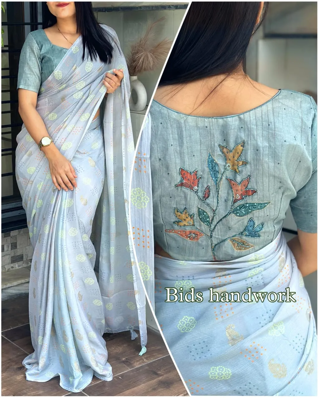 Chinon Silk Saree With Beads Work Blouse And Tassels - Image 3
