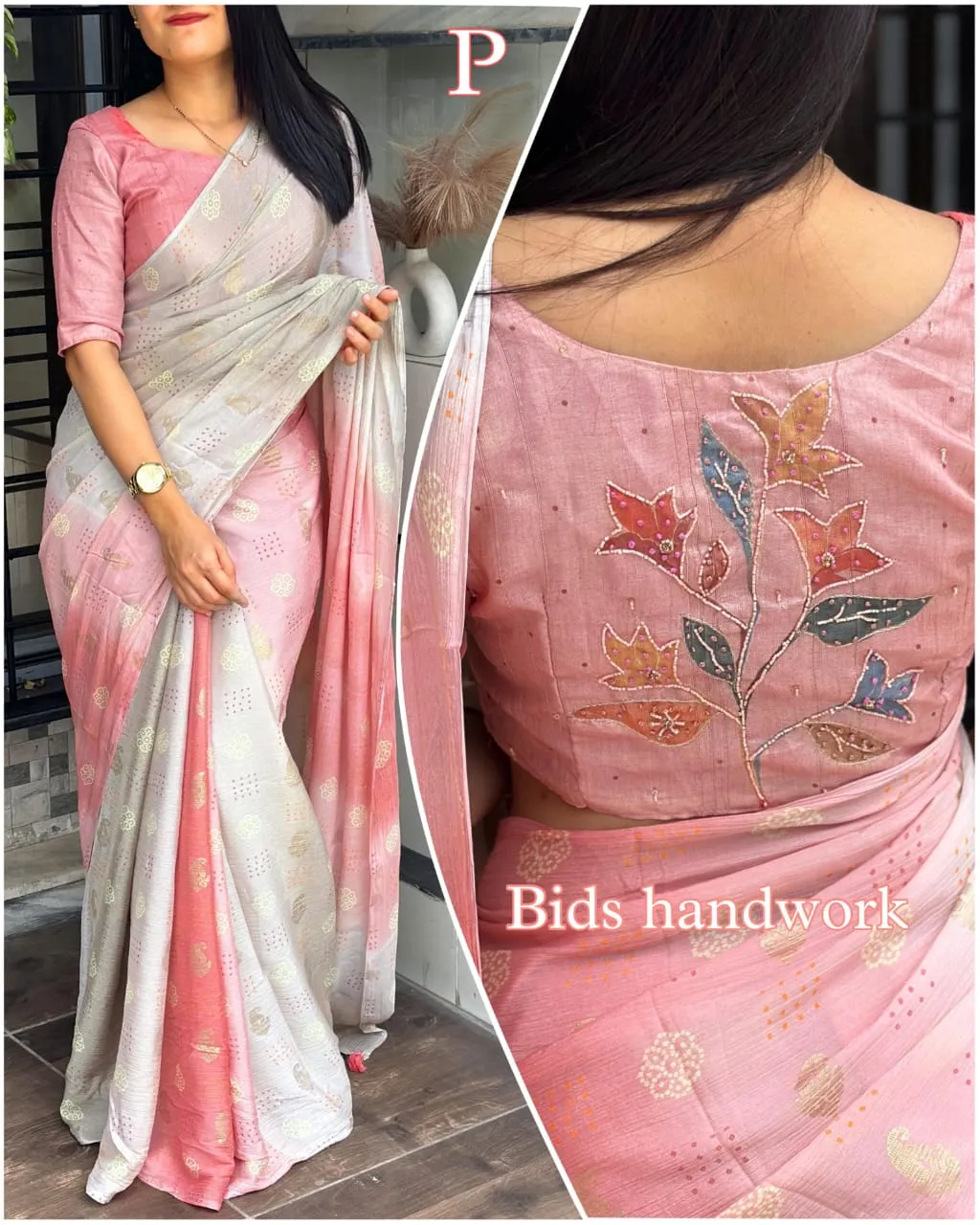 Chinon Silk Saree With Beads Work Blouse And Tassels - Image 4
