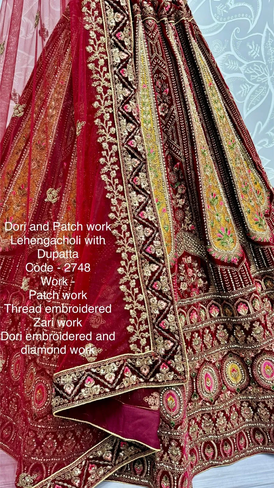 Heavy Embroidery Velvet Designer Bridal Lehenga Dori and Patch work with Heavy Dupatta - Image 2