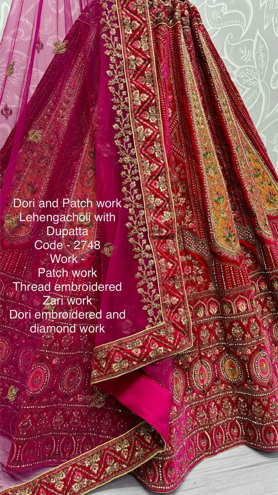 Heavy Embroidery Velvet Designer Bridal Lehenga Dori and Patch work with Heavy Dupatta - Image 3