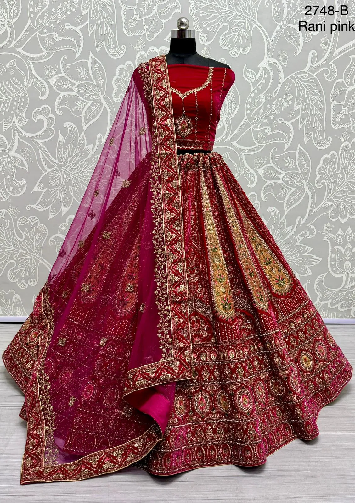 Heavy Embroidery Velvet Designer Bridal Lehenga Dori and Patch work with Heavy Dupatta - Image 4