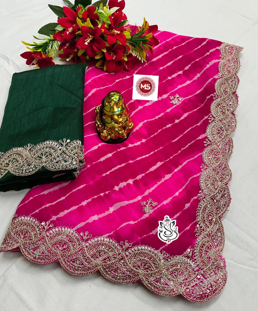 Lehriya Saree With Sequence Coding And Cut Work