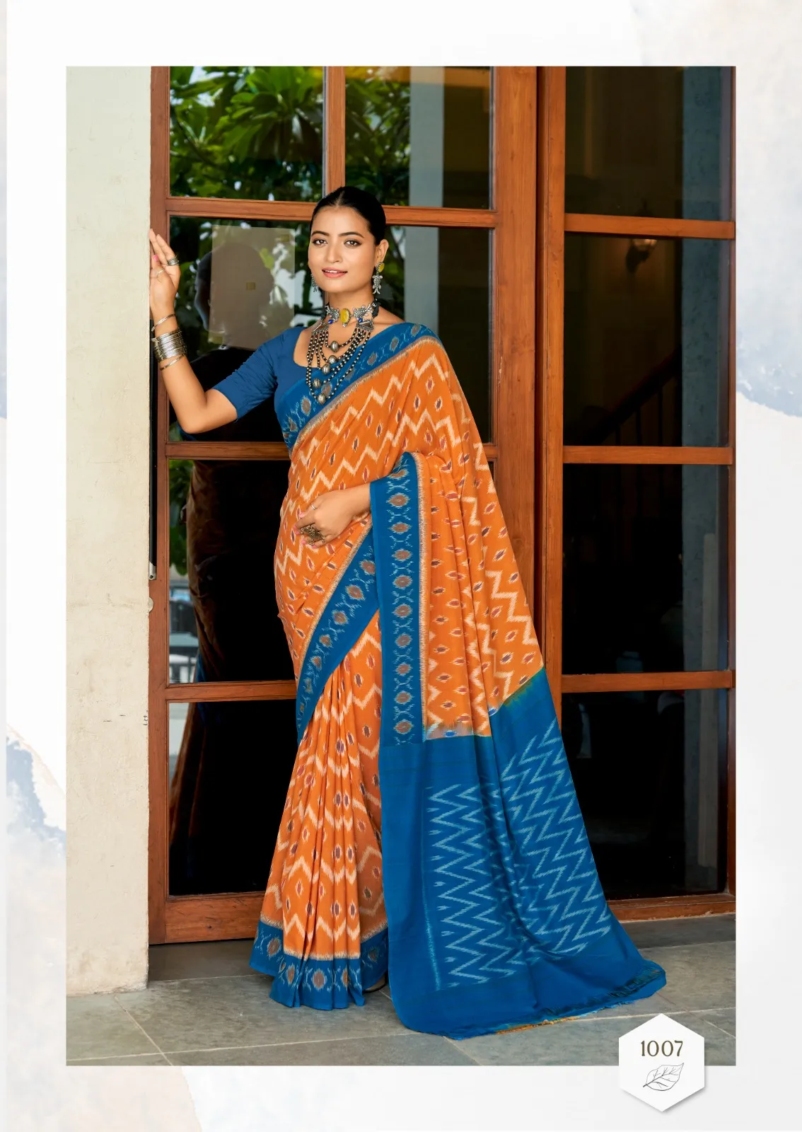 Mul Mul Cotton Saree With Ikkat Print - Image 6