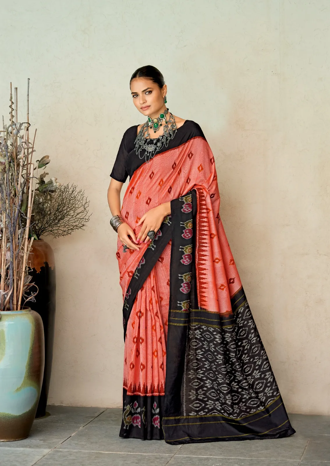 Mul Mul Cotton Saree With Ikkat Print - Image 8