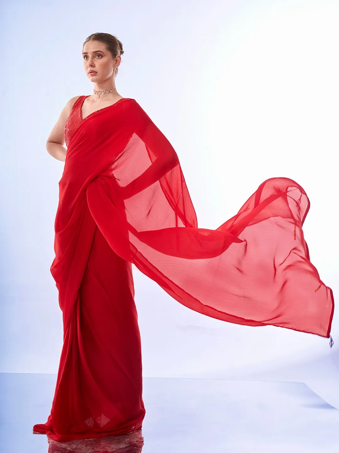 Red Chiffon Saree - Image 2