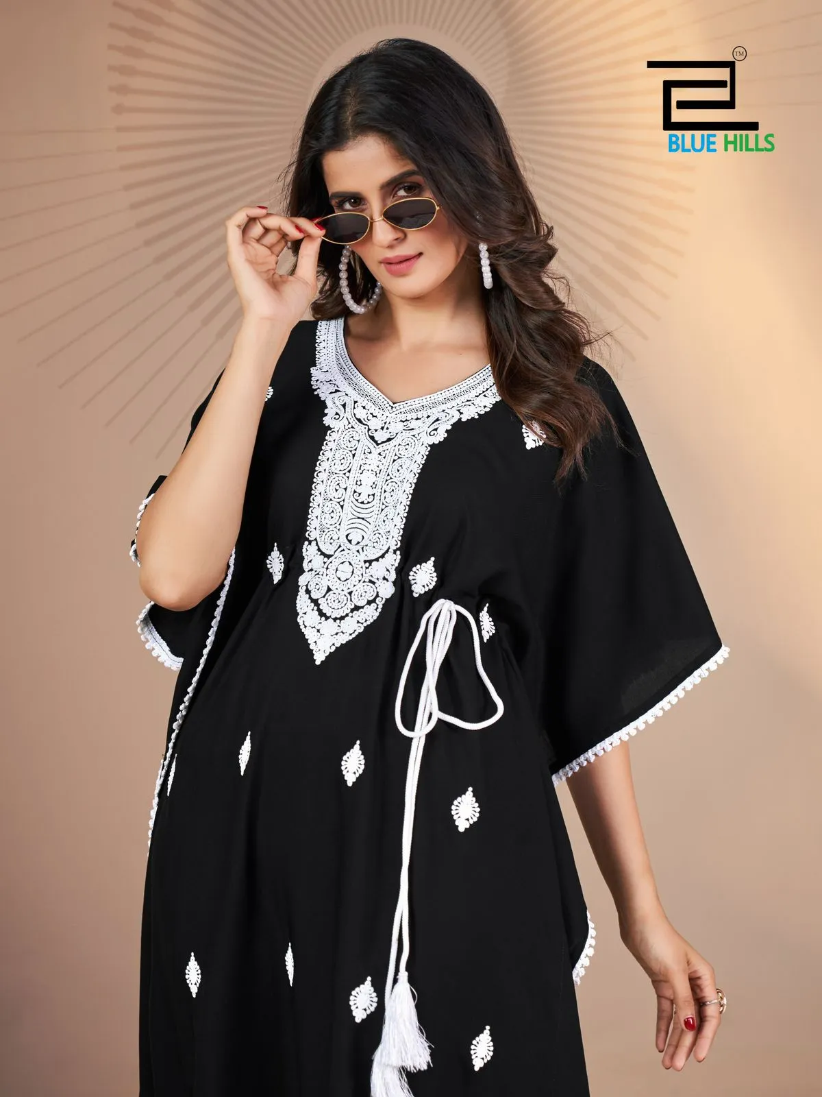 White Embroidery Designer Ethnic Kaftan Blue Hills Honey
