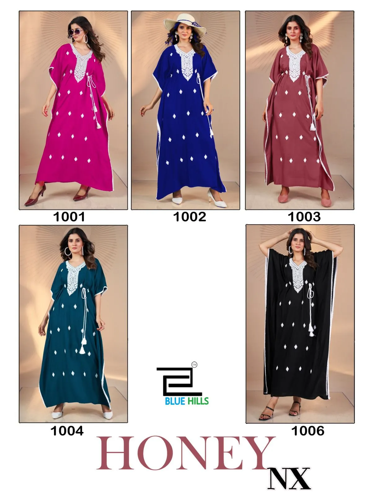 White Embroidery Designer Ethnic Kaftan Blue Hills Honey - Image 2
