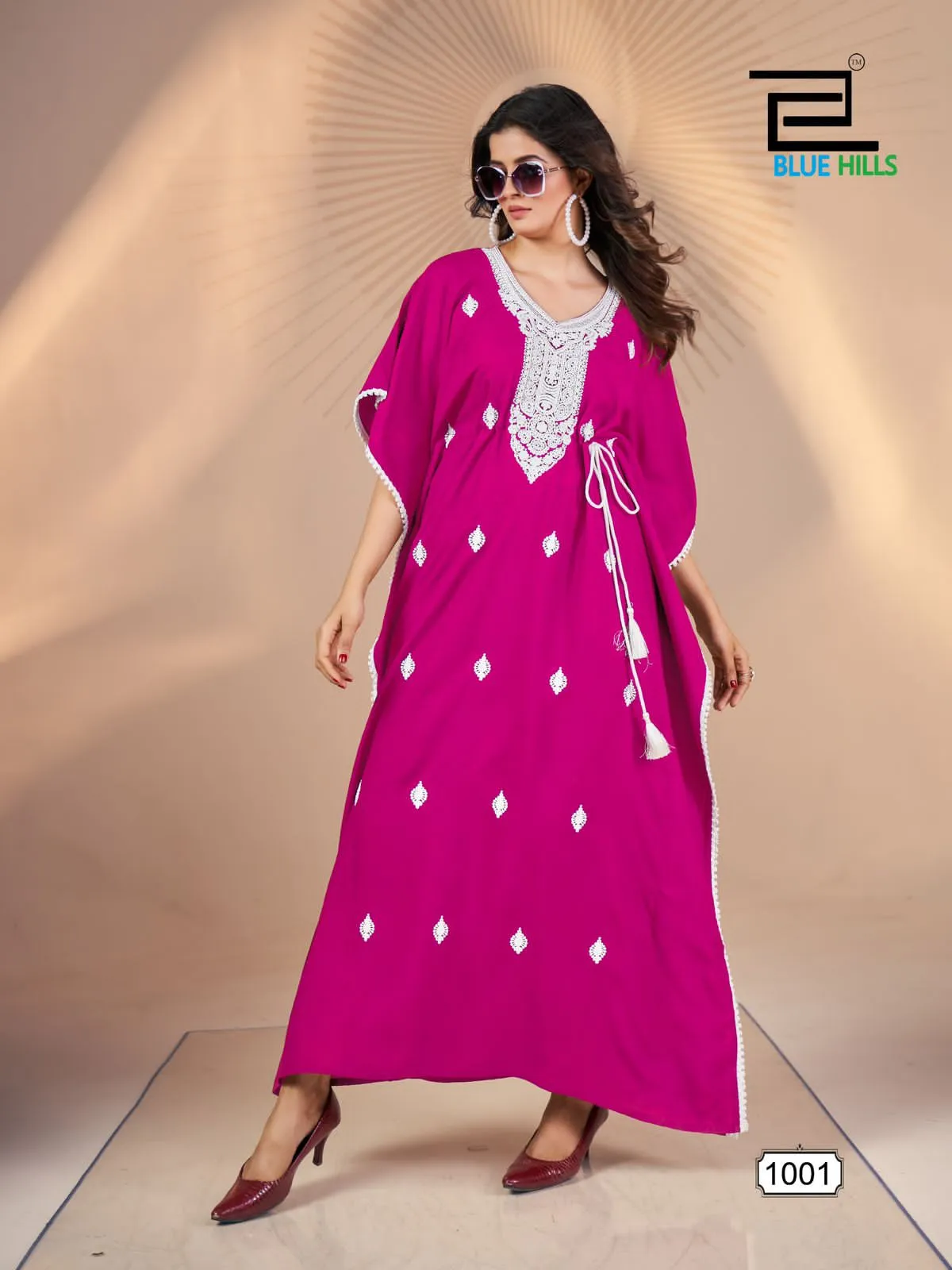 White Embroidery Designer Ethnic Kaftan Blue Hills Honey - Image 3