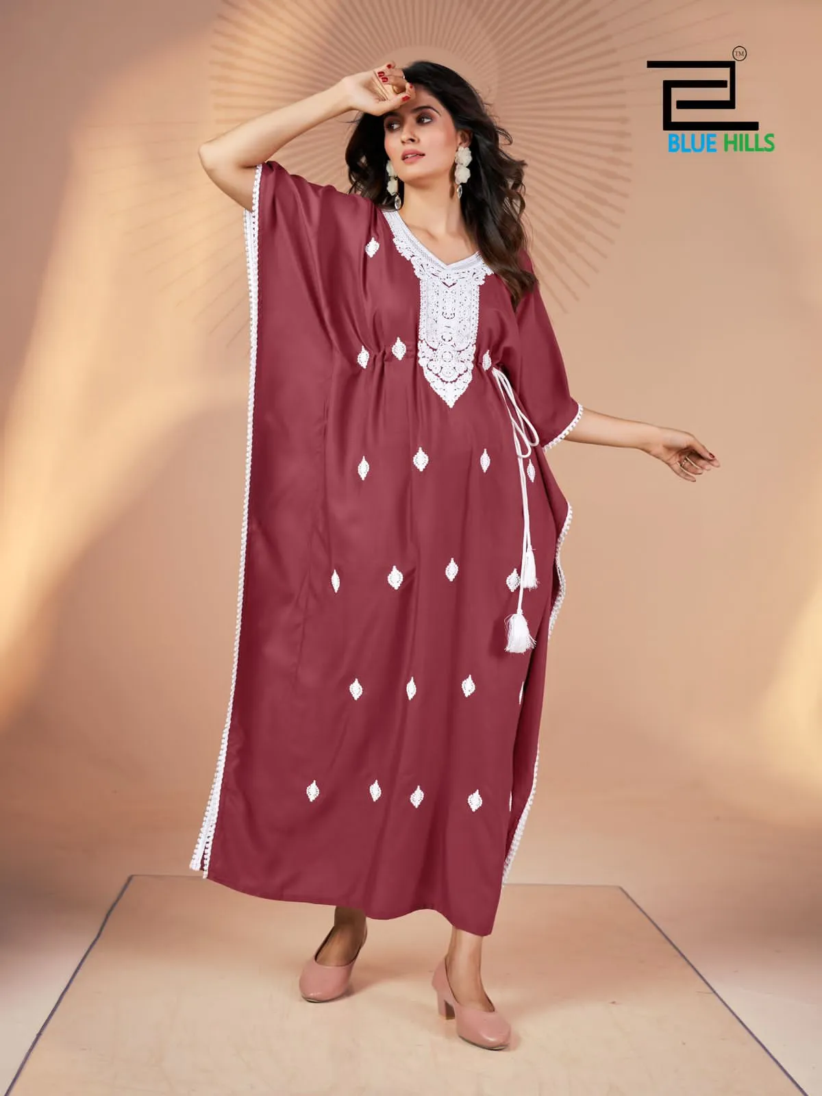 White Embroidery Designer Ethnic Kaftan Blue Hills Honey - Image 4