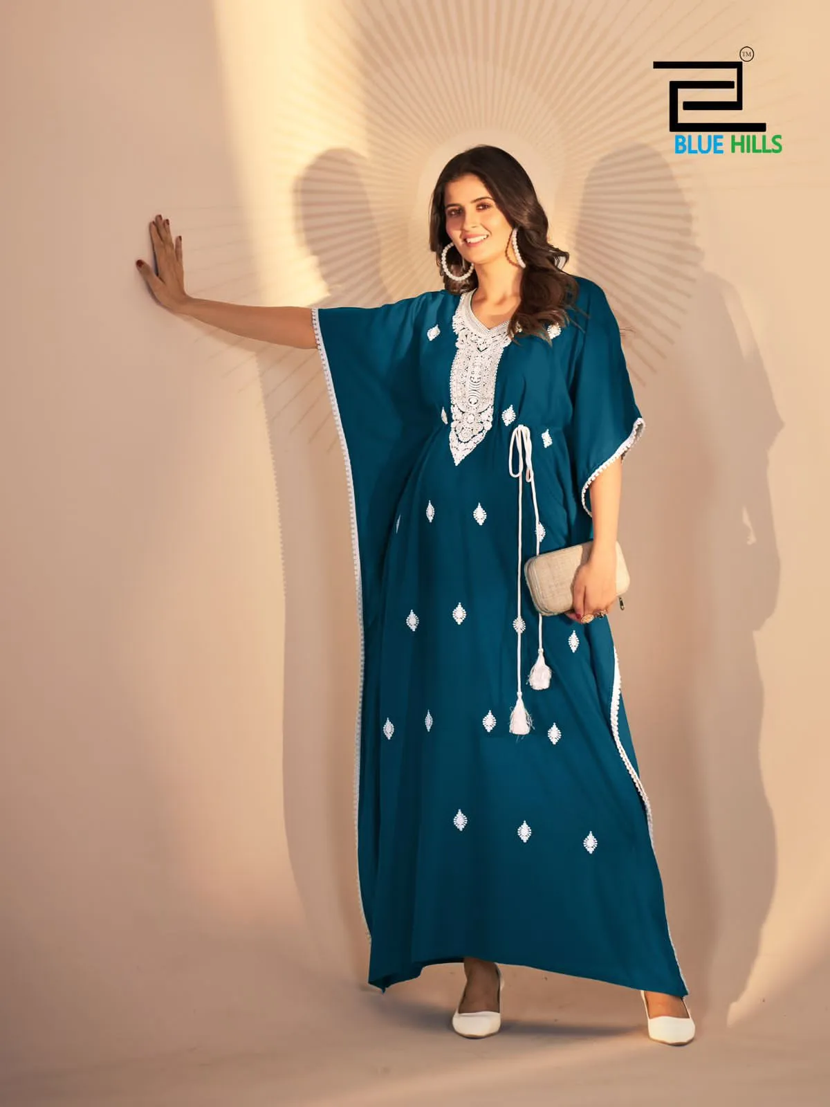 White Embroidery Designer Ethnic Kaftan Blue Hills Honey - Image 5