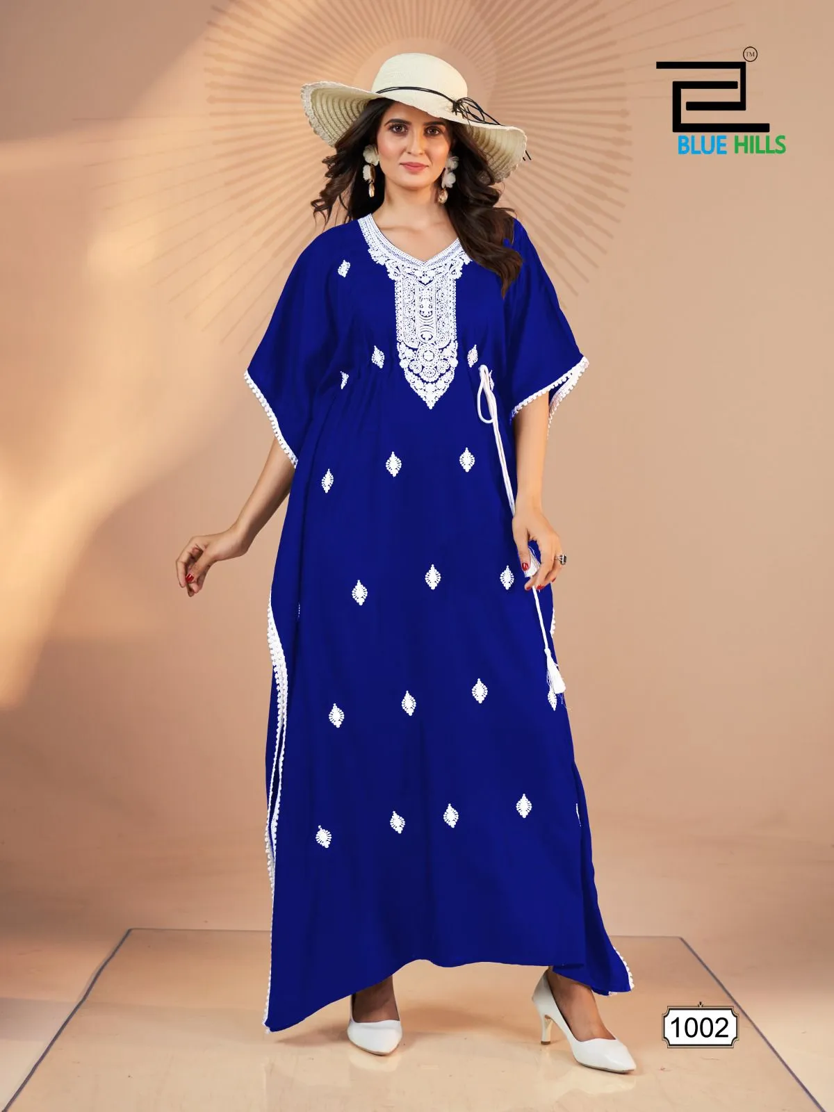 White Embroidery Designer Ethnic Kaftan Blue Hills Honey - Image 6
