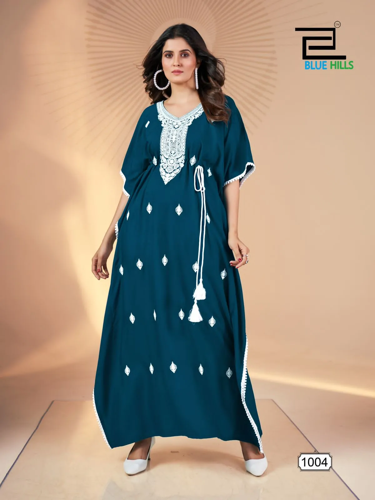 White Embroidery Designer Ethnic Kaftan Blue Hills Honey - Image 7