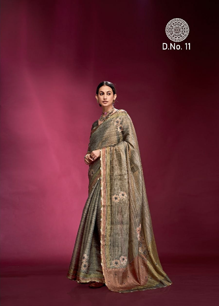 Tusser Silk Handwork Ethnic Saree Kala Jamun Dazzling - Image 3