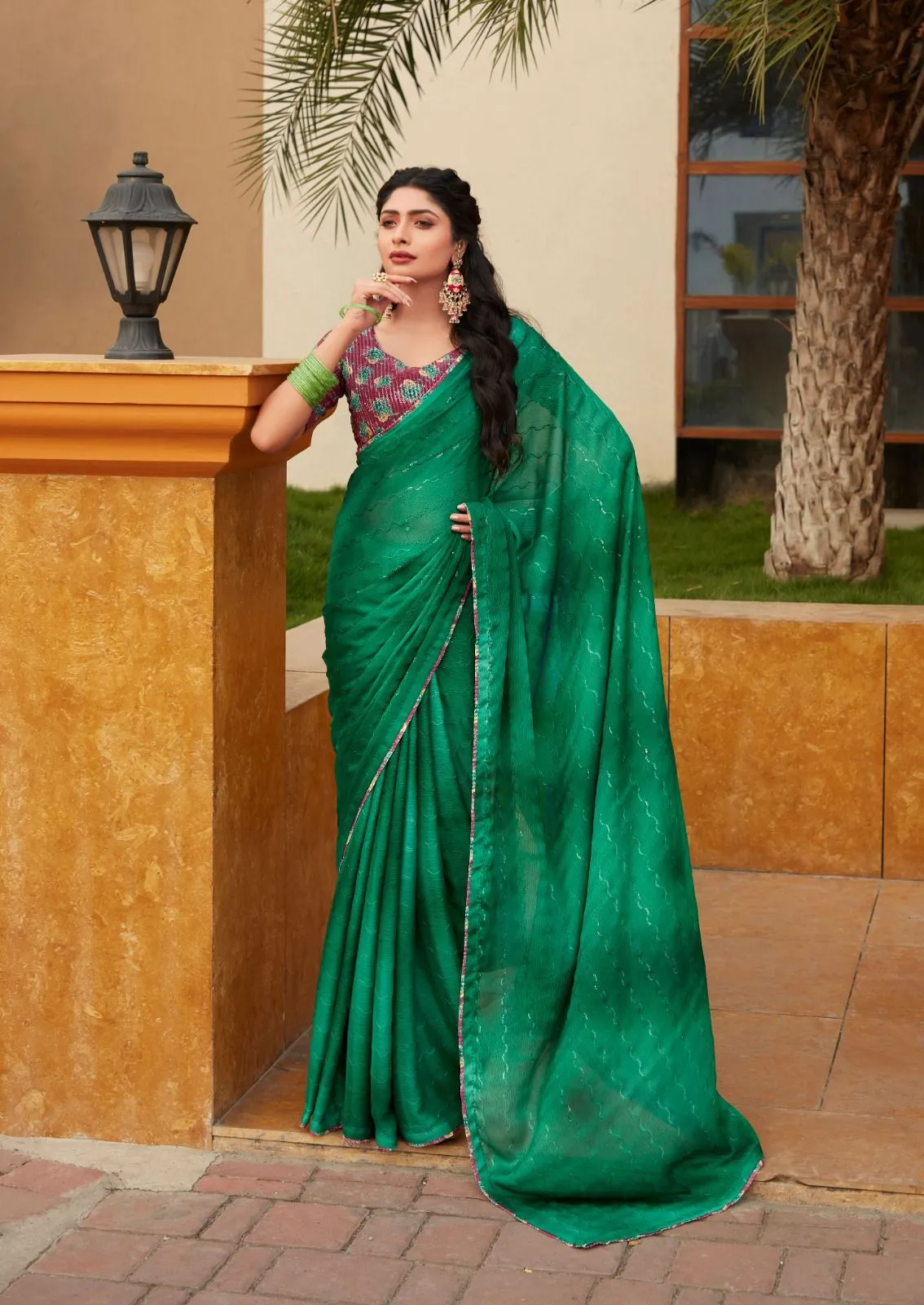 Chiffon Fancy Saree 3d Shaded With Embroidery Oliva - Image 11