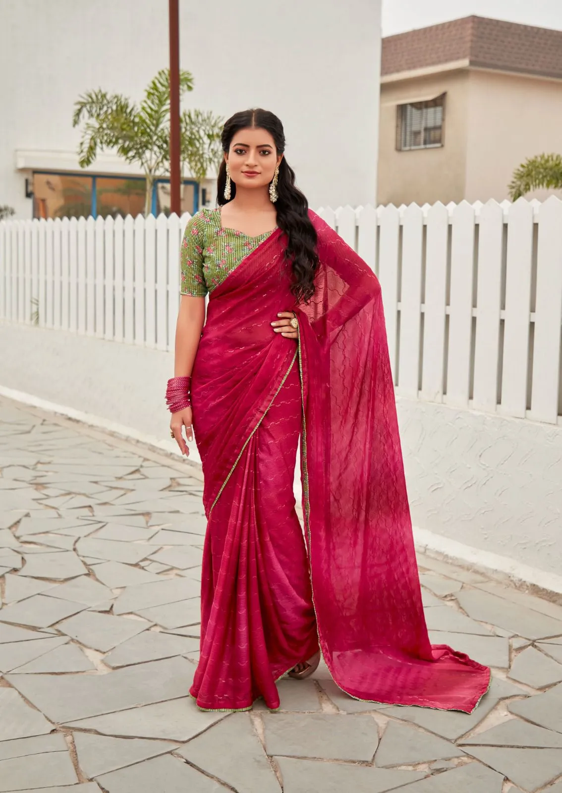 Chiffon Fancy Saree 3d Shaded With Embroidery Oliva - Image 3