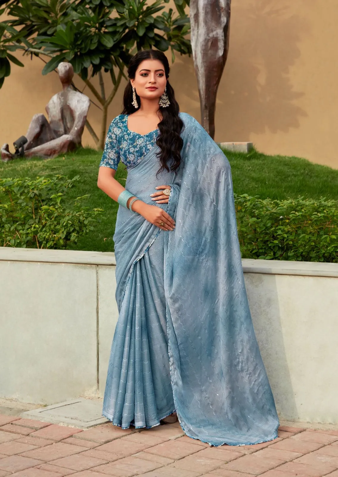 Chiffon Fancy Saree 3d Shaded With Embroidery Oliva - Image 5