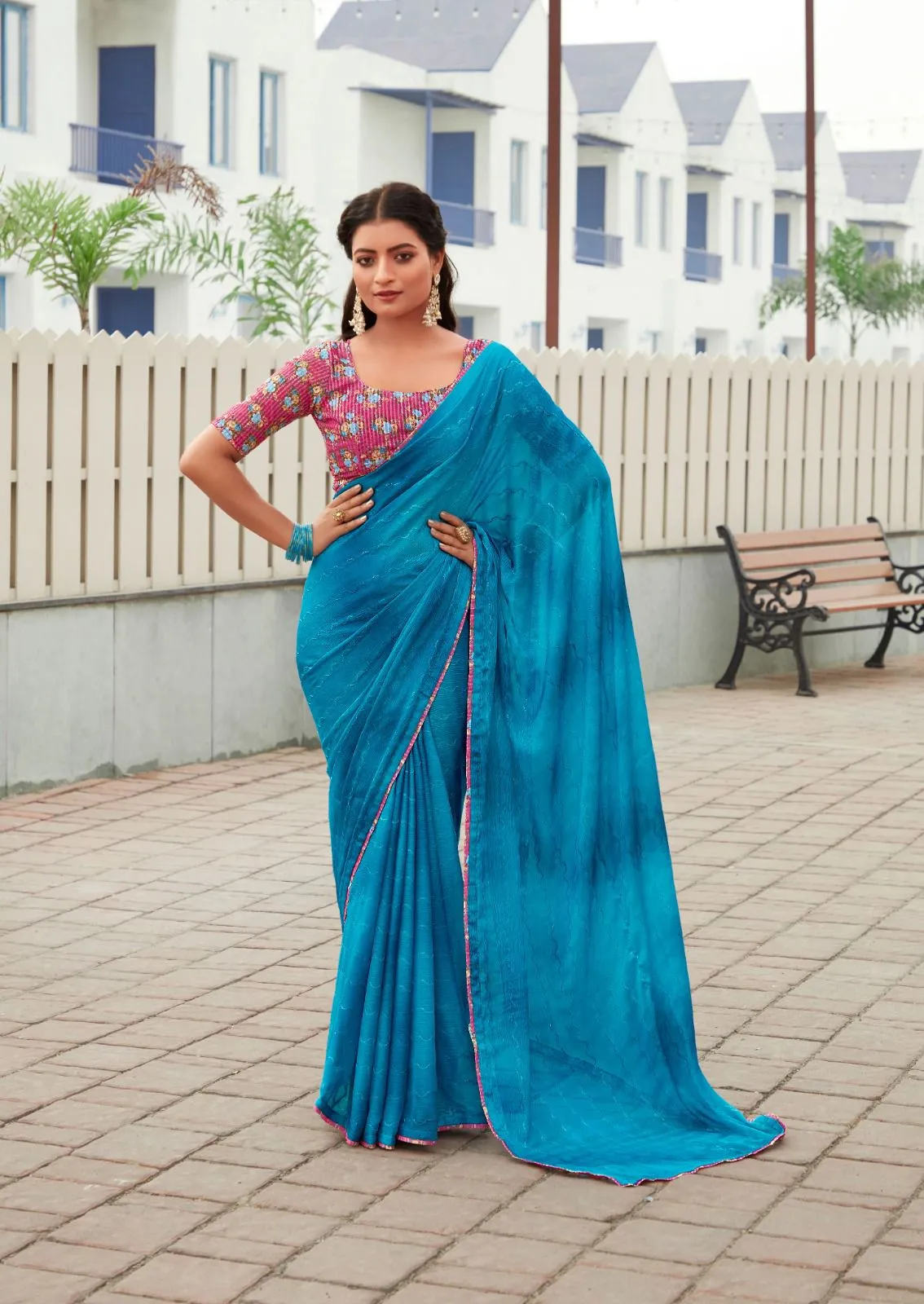 Chiffon Fancy Saree 3d Shaded With Embroidery Oliva - Image 6
