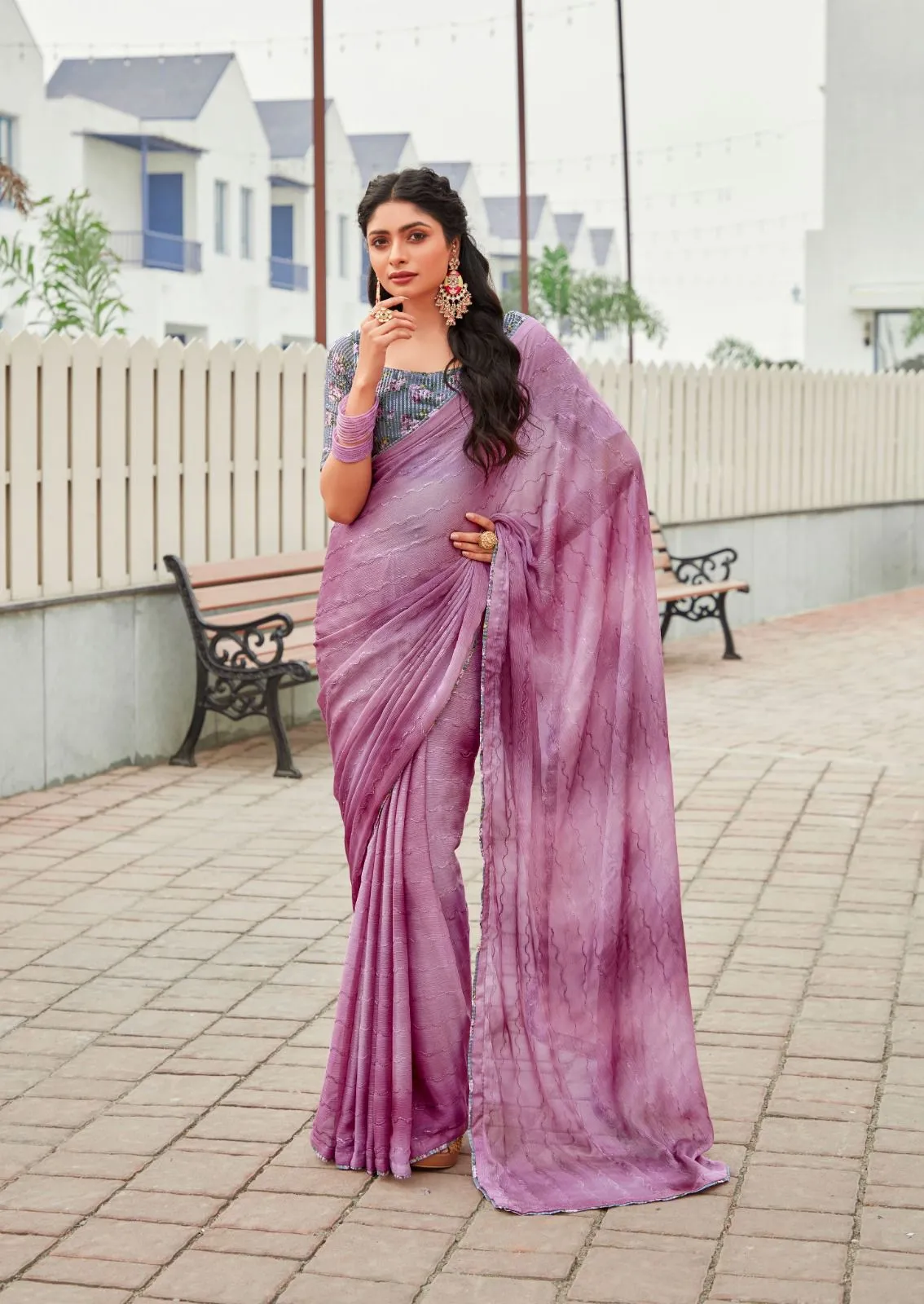 Chiffon Fancy Saree 3d Shaded With Embroidery Oliva - Image 7
