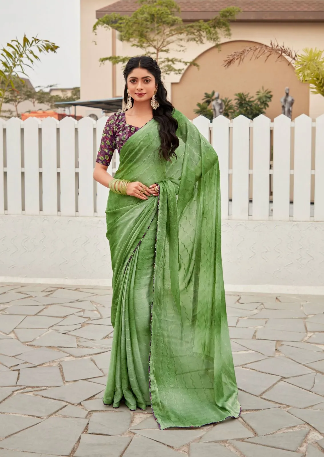 Chiffon Fancy Saree 3d Shaded With Embroidery Oliva - Image 9