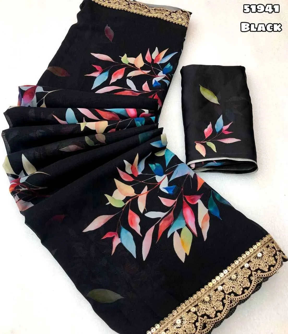 Border Chiffon Saree With Floral Digital Print Trending Black Saree 51941