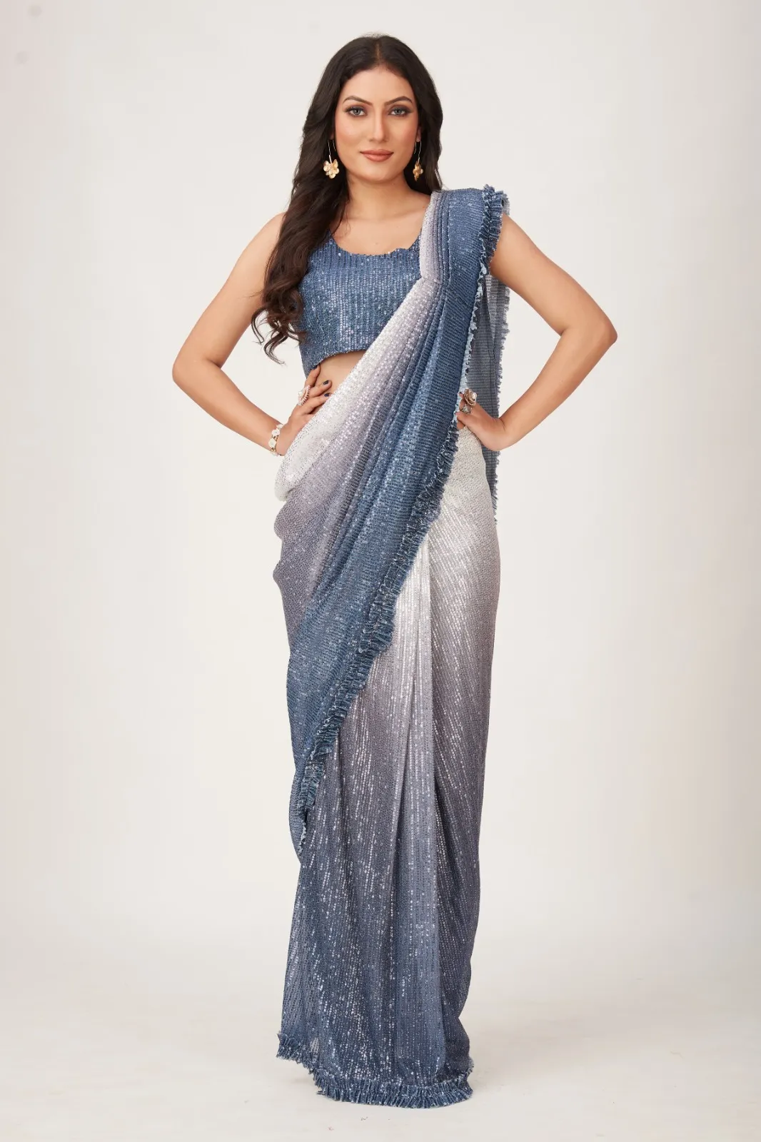 Heavy Sequins Work Wedding Ready To Wear Ethnic Saree - Image 2
