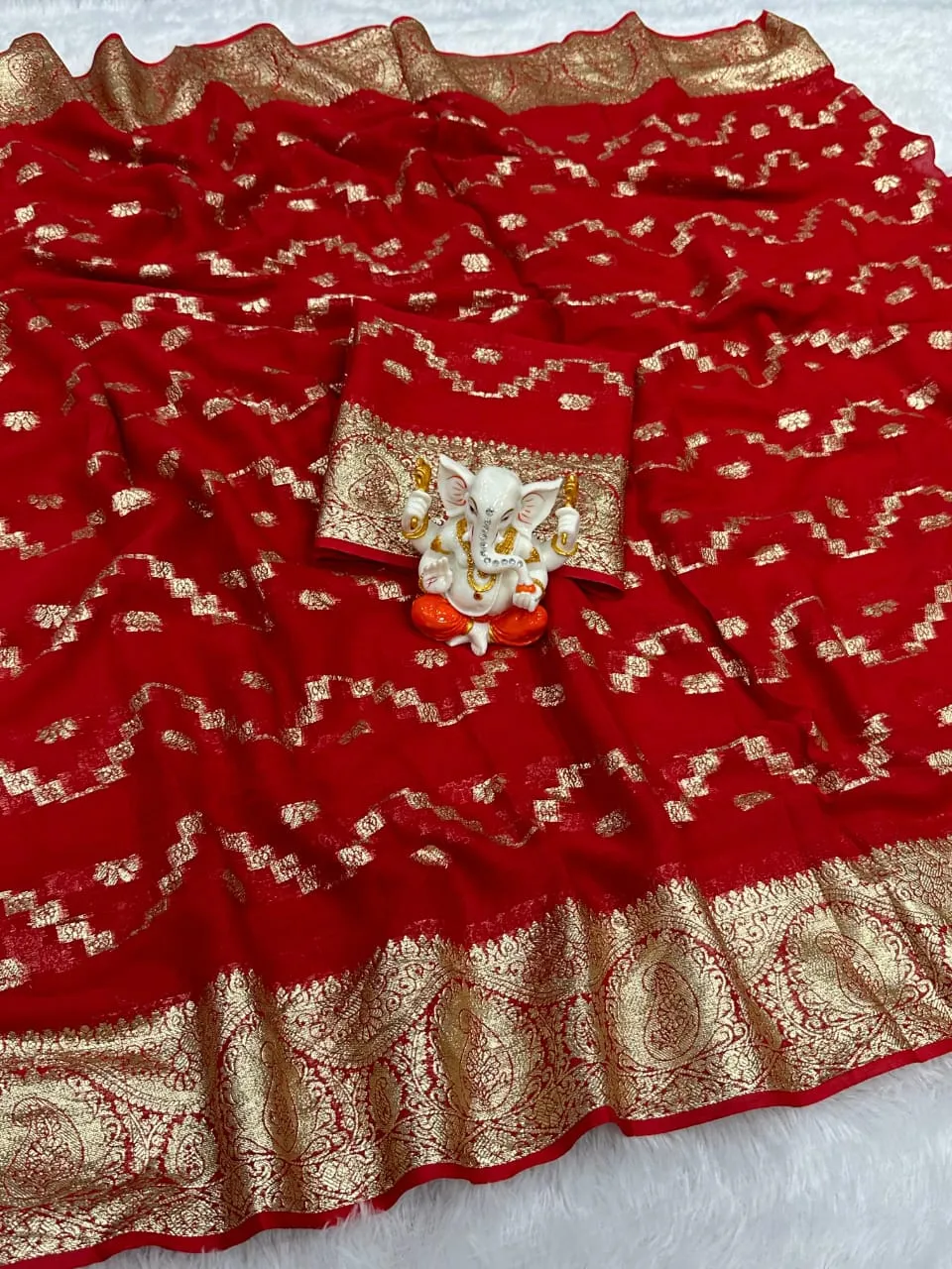 Karwachoth Special Red Color Ethnic Saree Georgette Weaving Zari - Image 12