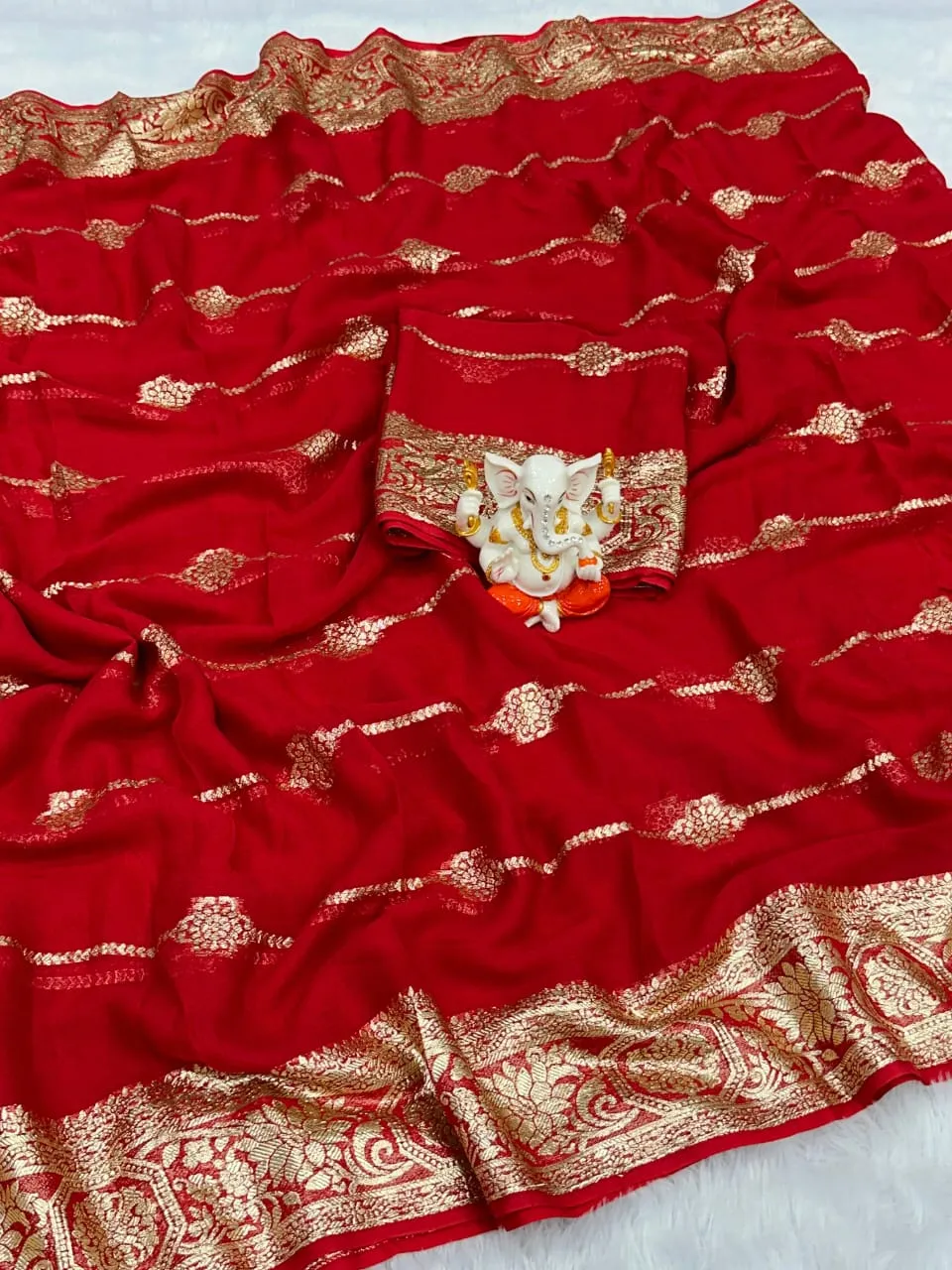 Karwachoth Special Red Color Ethnic Saree Georgette Weaving Zari - Image 2