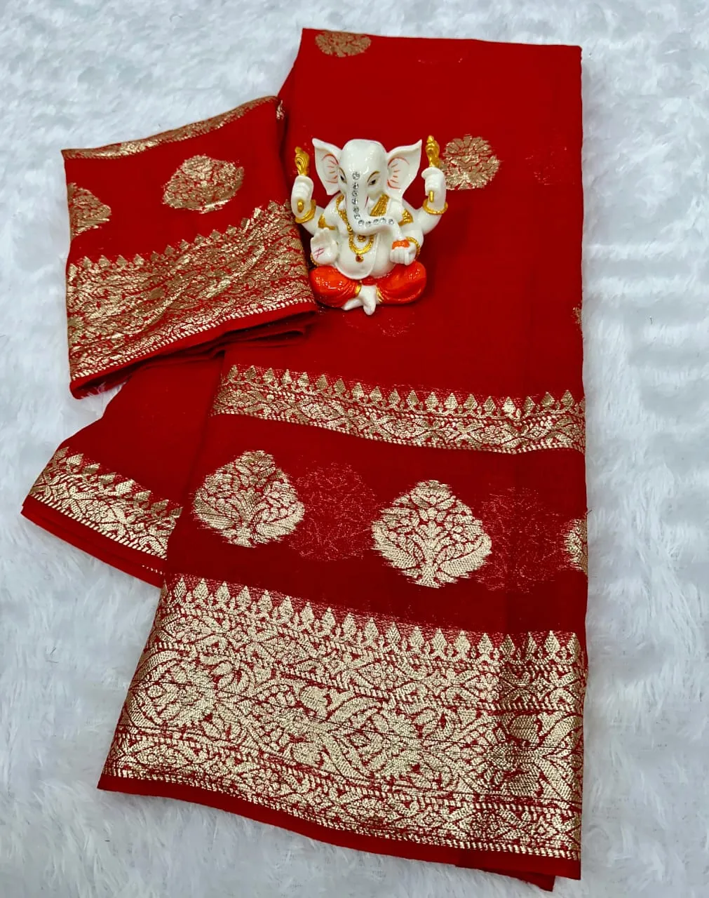 Karwachoth Special Red Color Ethnic Saree Georgette Weaving Zari - Image 3