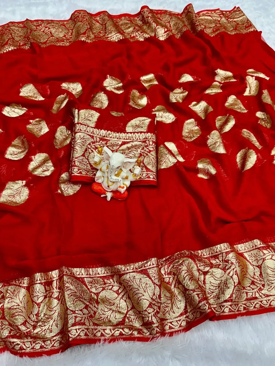 Karwachoth Special Red Color Ethnic Saree Georgette Weaving Zari - Image 4