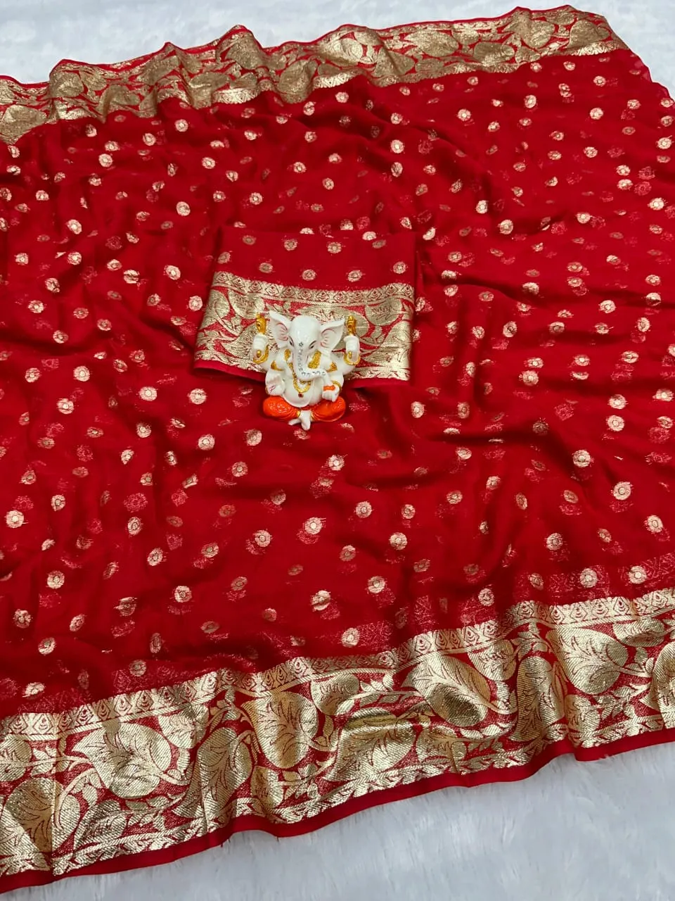 Karwachoth Special Red Color Ethnic Saree Georgette Weaving Zari - Image 9