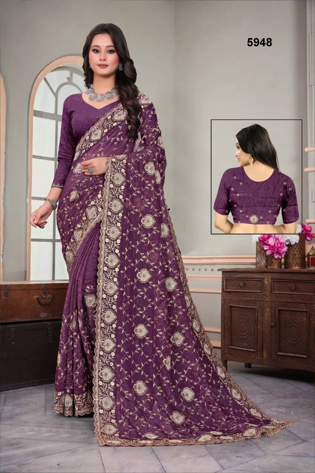 Heavy Wedding Wear Saree With Zarkan Diamond Work