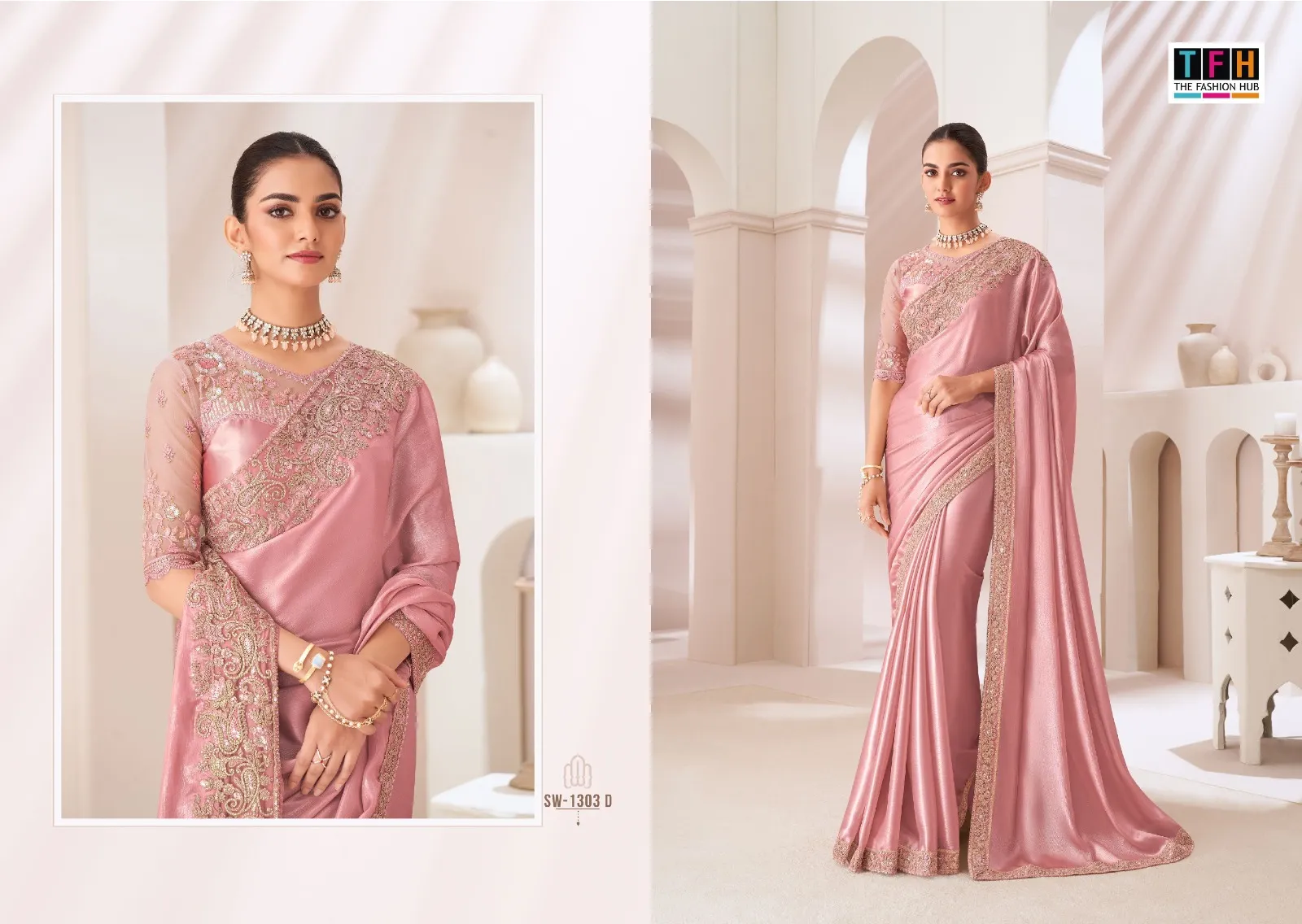 Chiffon Party Wear Rich Look Heavy Embroidery Work Ethnic Saree Sandal Wood 1303 - Image 3